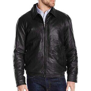 Men’s Classic Black Straight Leather Bomber Jacket BIG SIZES ONLY